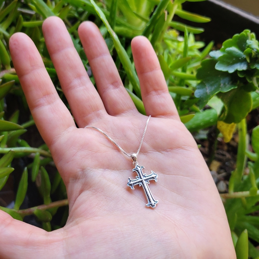 New Solid 925 Sterling Silver Ornate Cross Necklace - Picture 11 of 16